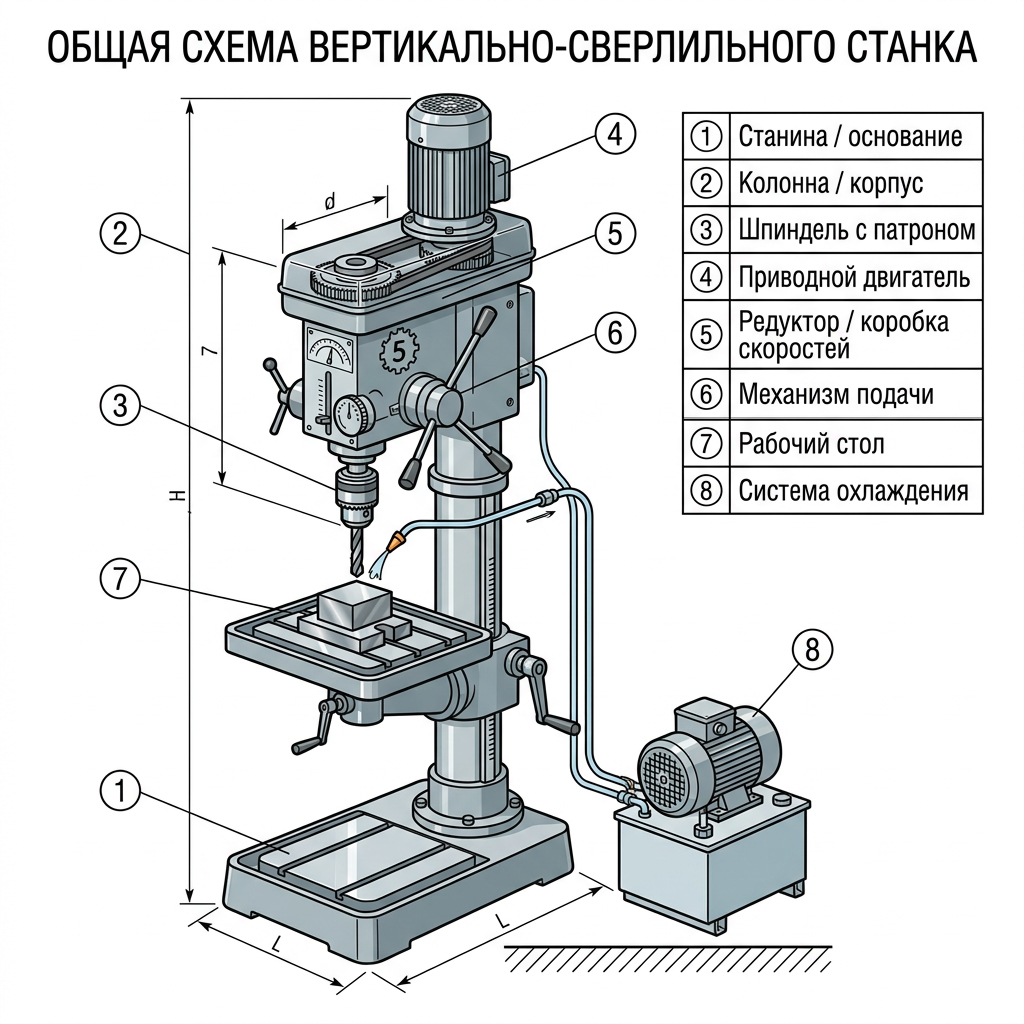 Схема устройства вертикально-сверлильного станка: станина, колонна, шпиндельная головка, рабочий стол