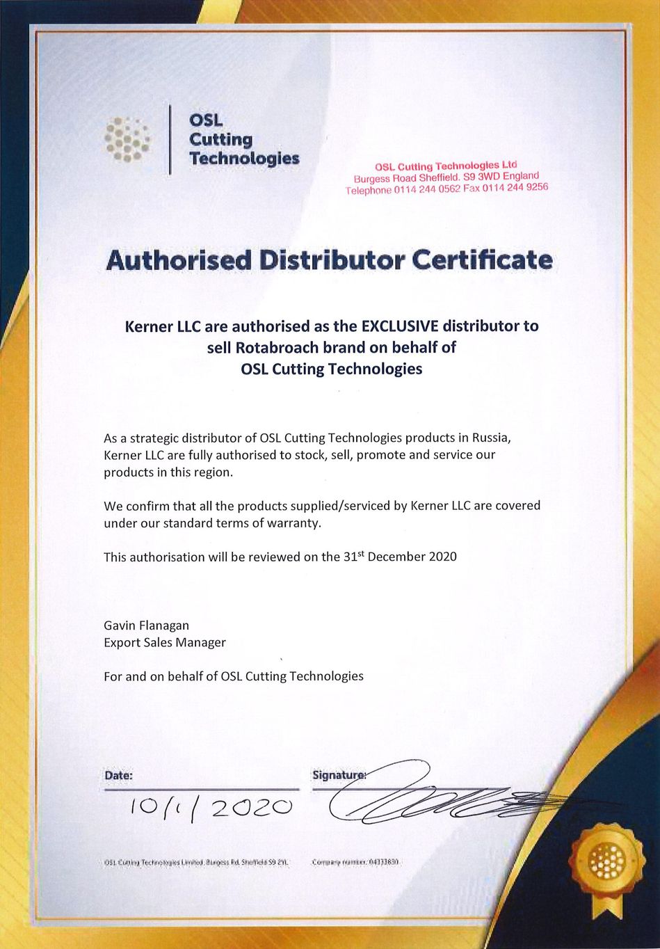Сертификат эксклюзивный представитель Rotabroach в России - ООО Кернер